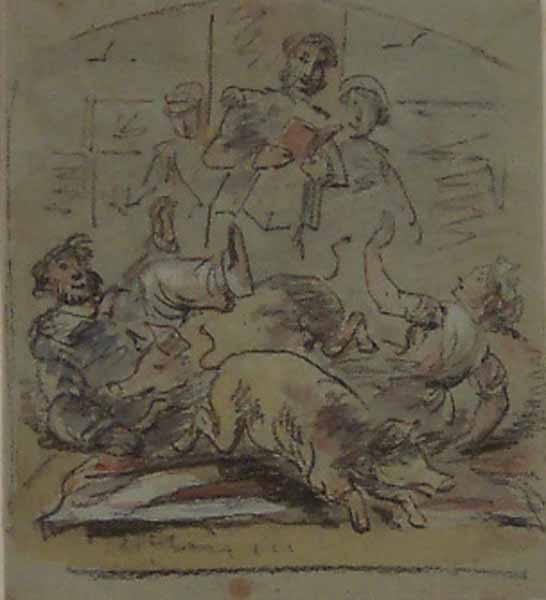 Two Runaway Pigs Knocking over a Man and Woman